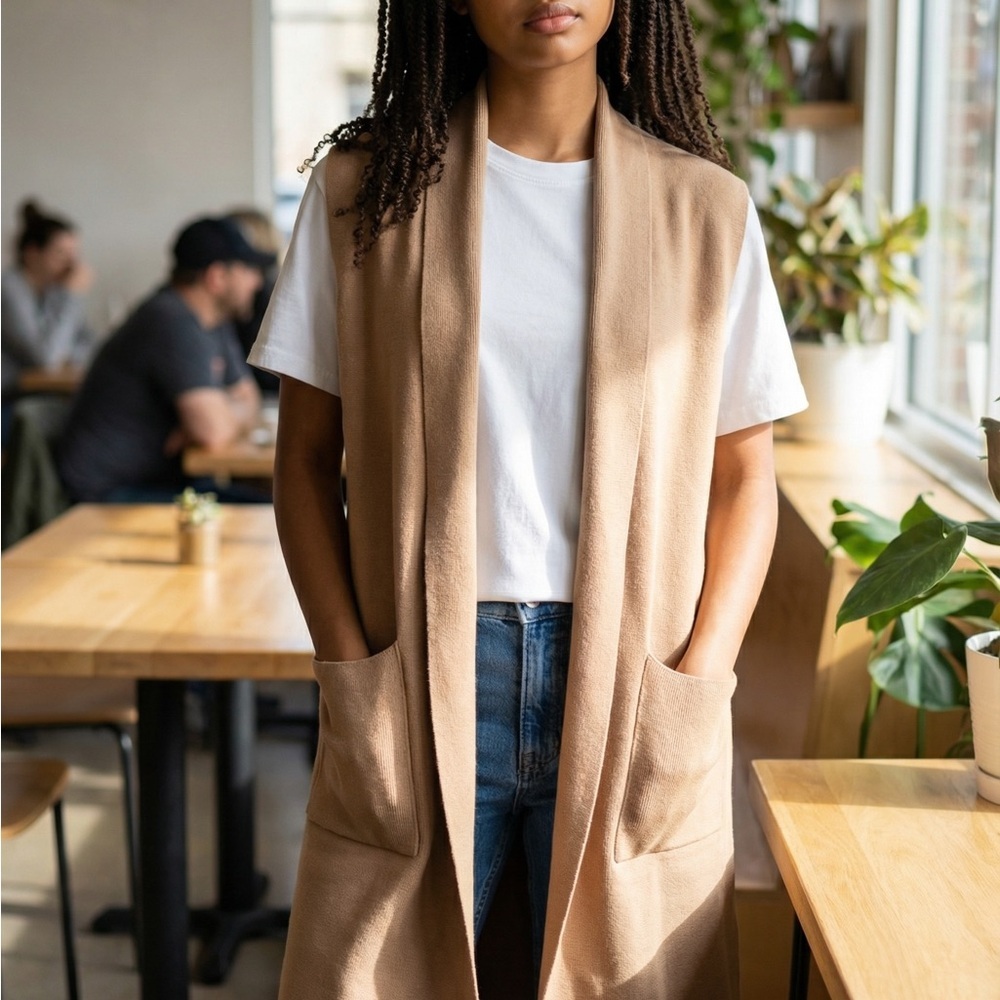 Tan Sleeveless Open Long Cardigan With Pockets